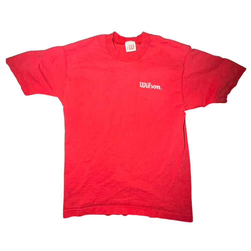 Mens Wilson Red Cotton Athletic‎ T Shirt Size Medium Distressing Around Neck